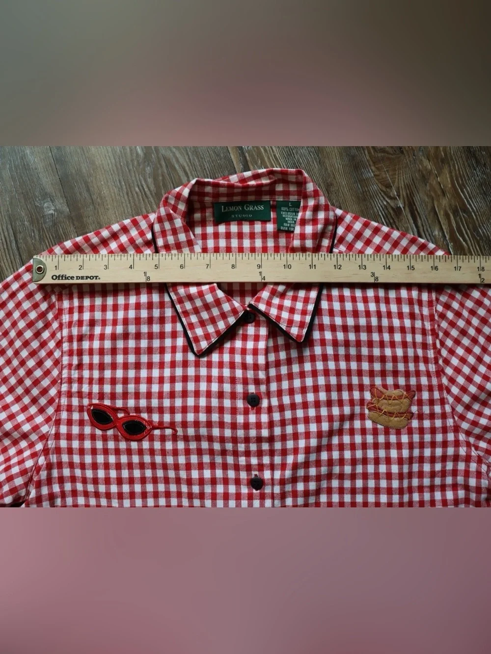 Red Gingham Picnic Novelty Applique Rockabilly Blouse Top Womens Large - Picture 13 of 16